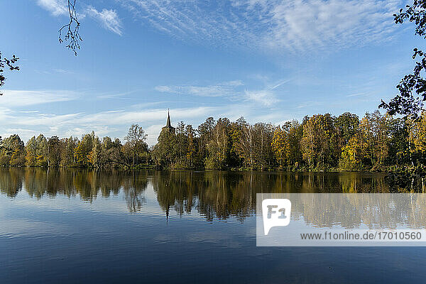 Landschaftlicher Blick auf einen ruhigen See mit Bäumen gegen den Himmel im Wald