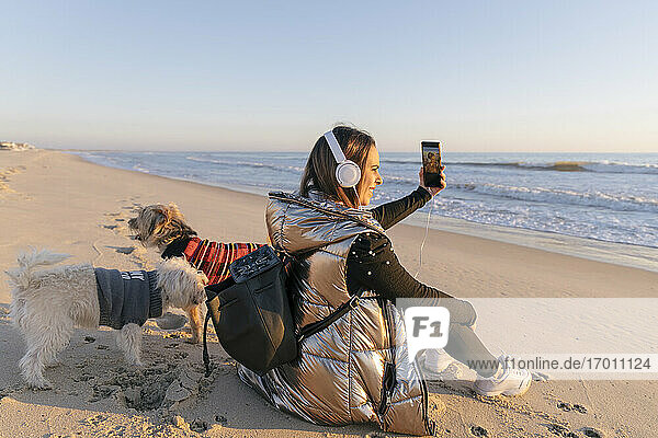 Mid adult woman taking selfie while sitting with dogs at beach during sunset