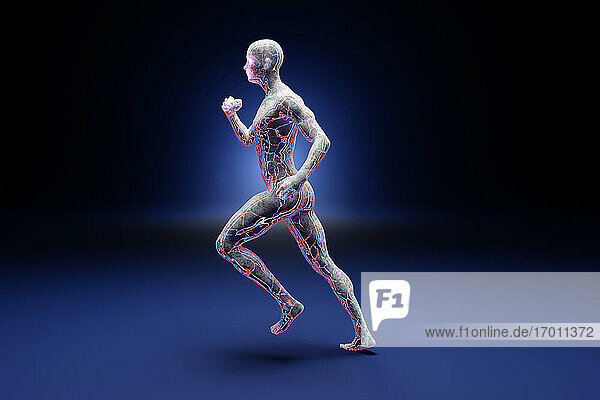 3D illustration male sporty runner made out of concrete and flowing energy against blue background