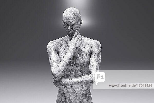 3D-Illustration einer nachdenklichen männlichen Figur aus Beton vor grauem Hintergrund
