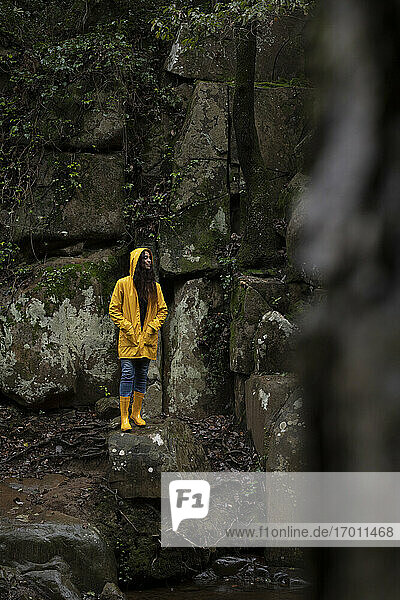Wanderin mit gelbem Regenmantel steht auf einem Felsen im Wald