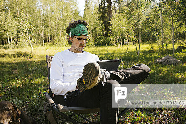 USA  Utah  Uinta National Park  Man with dog sitting in meadow in forest  using tablet