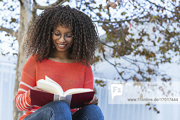 Glückliche Afro-Frau liest Buch gegen Baum