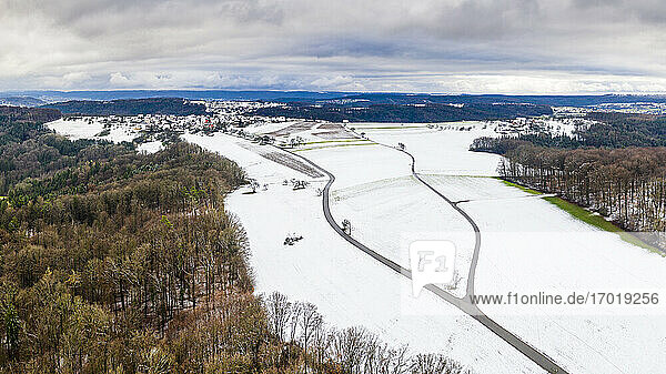 Germany  Baden-Wurttemberg  Drone view of Swabian Forest in winter