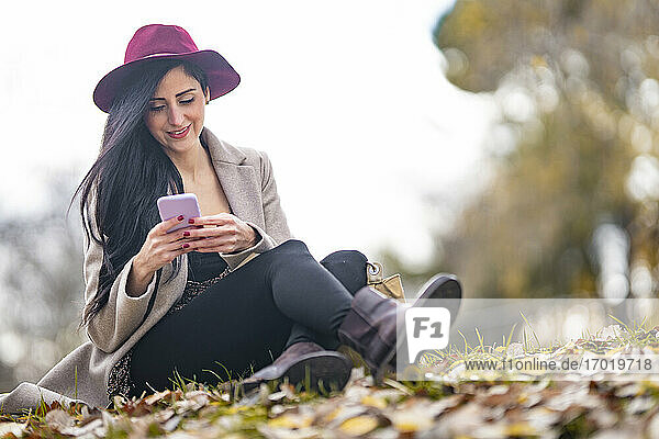 Lächelnde schöne Frau  die ein Mobiltelefon benutzt  während sie auf einem Grundstück gegen den klaren Himmel im Park sitzt