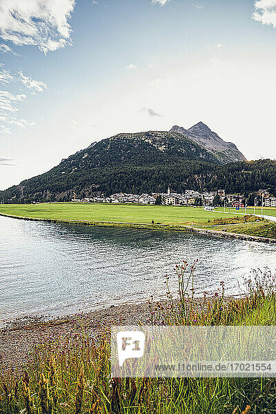 Switzerland  Canton of Grisons  Silvaplana  Shore of Silvaplana Lake with village in background