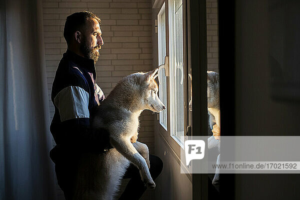Male pet owner holding Siberian husky while looking through window from home