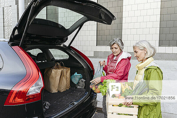 Freundinnen laden Lebensmittel in den Kofferraum eines Autos