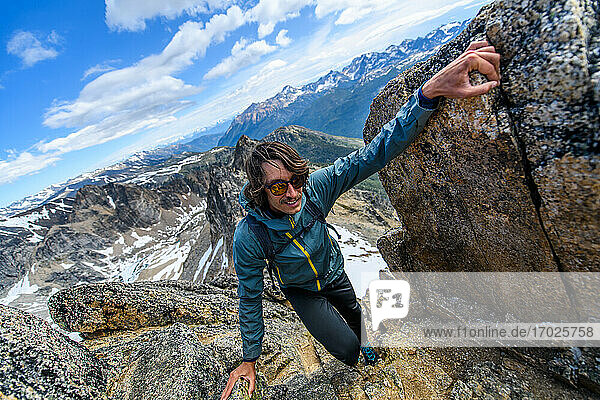 Climber on rocks  Bugaboo Property Released (PR)ovincial Park  British Columbia  Canada