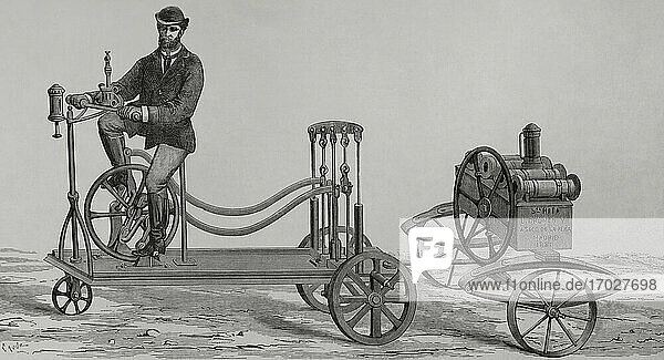 Santa Rita  belebte Lokomotive   1881. Spanien  Madrid. Motorfahrzeug. Die Erfinder versicherten  dass ein einziger Mann ausreicht  um den Santa Rita -Motor zehn Stunden lang ohne Ermüdung zu betreiben  und dass die Geschwindigkeit auf den Straßen 25 bis 40 Kilometer pro Stunde betragen kann. Der Motor funktionierte ohne jede Art von Treibstoff  nur durch mechanische Wirkung in Verbindung mit seinen verschiedenen Teilen. Das System wurde von Luis Drumen und Angel Saco de la Peña erfunden. Kupferstich von Tomás Carlos Capuz (1834-1899). La Ilustracion Española y Americana  1881.