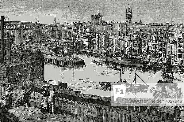 United Kingdom  England  Newcastle. View of the city on the banks of the river Tyne. Important commercial and manufacturing center. Engraving by Tomas Carlos Capuz (1834-1899). La Ilustracion Española y Americana  1881.