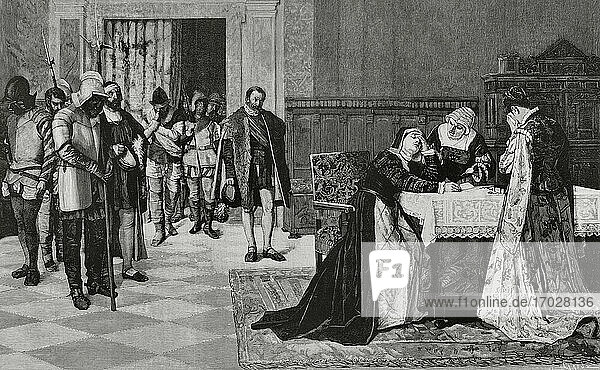 Maria Pacheco de Padilla (ca. 1496-1531)  kastilische Adlige  Ehefrau des Comunero Juan de Padilla (1490-1521). Sie war unter dem Spitznamen Die Löwin von Kastilien bekannt. In Toledo erhielt Maria de Padilla die Nachricht von der Hinrichtung ihres Mannes in Villalar (Valladolid  Spanien) am 24. April 1521  einen Tag nach seiner Niederlage in der gleichnamigen Schlacht. Maria Pacheco sitzt an einem Tisch und wirkt nach Erhalt der Nachricht niedergeschlagen. Sie wird von zwei Frauenfiguren begleitet  von denen eine auf ihrem Rücken weint und die andere sie tröstet. Die neu eingetroffenen Milizionäre stehen abseits  auf der linken Seite. Nach dem Tod ihres Mannes übernahm sie das Kommando über den Aufstand der Comuneros von Kastilien. Maria Pacheco nach Villalar. Kupferstich von Tomás Carlos Capuz (1834-1899) nach einem Gemälde von Vicente Borrás (1837-1903). La Ilustracion Española y Americana  1881.