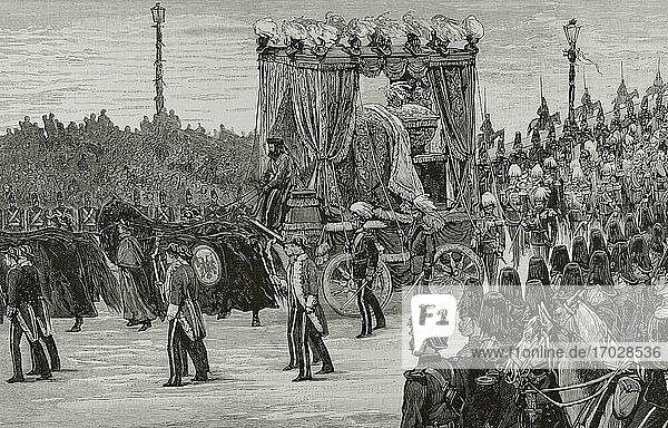 Alexander II of Russia (1818-1881). Czar of the Russian Empire from 1855 until his assassination in 1881. Russia. St. Petersburg. Driving of the mortal remains of Emperor Alexander II from the Winter Palace to the Pantheon of the imperial family on March 19. Engraving by Tomas Carlos Capuz (1834-1899). Detail. La Ilustracion Española y Americana  1881.