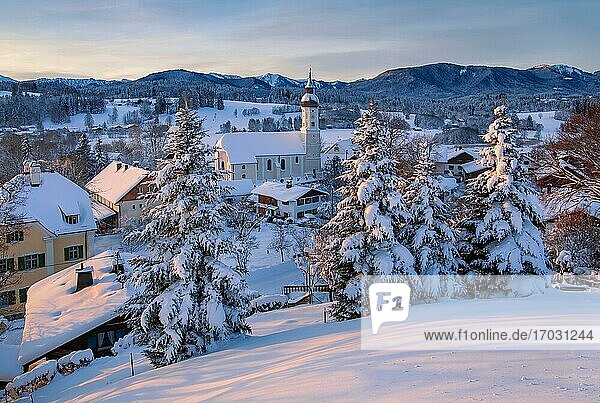 Village view with parish church in early morning light  Bad Bayersoien  Bavarian Oberland  Ammergau Alps  Upper Bavaria  Bavaria  Germany  Europe