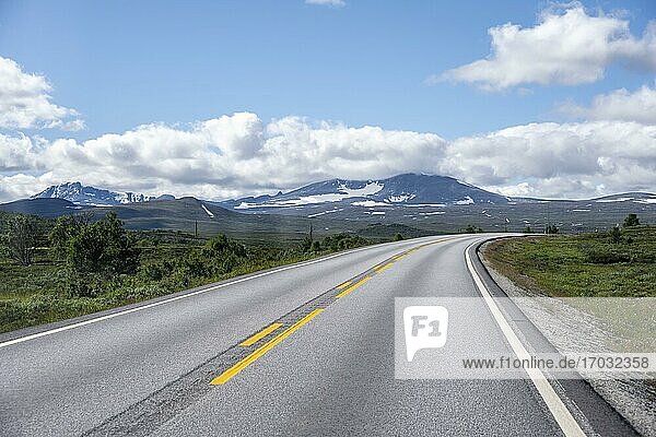 Road through tundra  country road  Dovrefjell National Park  Oppdal  Norway  Europe