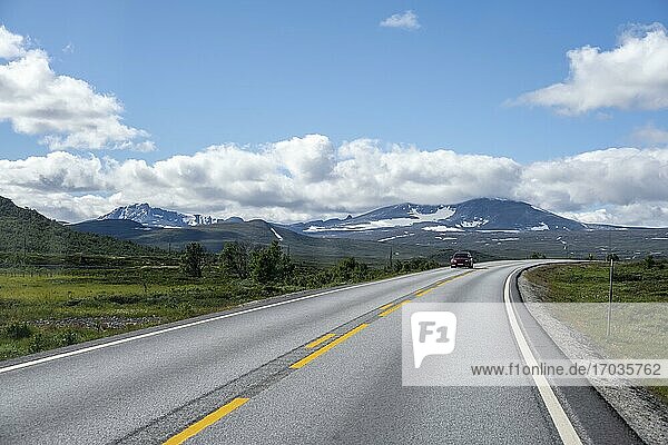 Road through tundra  country road  Dovrefjell National Park  Oppdal  Norway  Europe