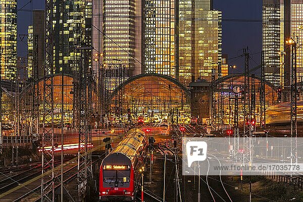 The main station at sunset in front of the skyline  Gutleutviertel  Frankfurt  Hesse  Germany  Europe