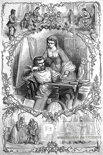 The influence of women on men  symbolic wood print from 1850  England  United Kingdom  Europe