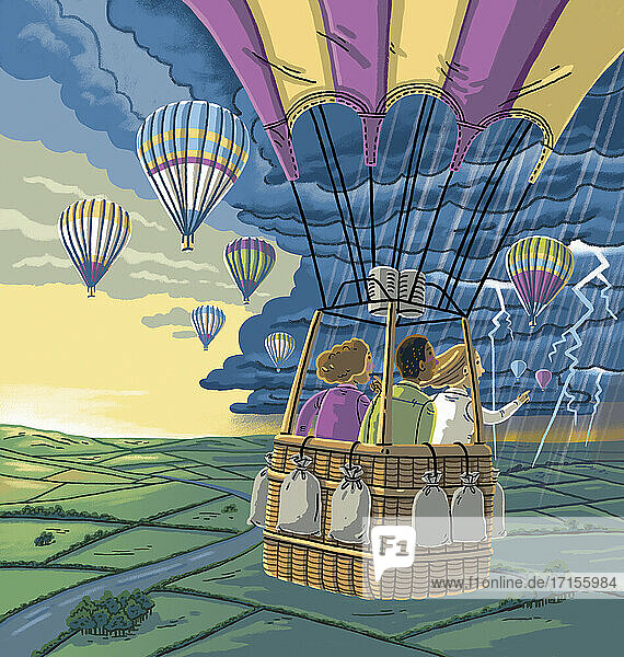 Kinder im Heißluftballon auf dem Weg zu stürmischem Wetter