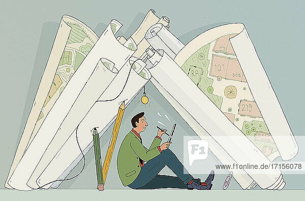 Architektonische Zeichnung bilden Zelt für Mann arbeitet auf Tablet-PC