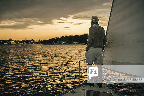 Rückansicht eines älteren Mannes  der bei Sonnenuntergang auf das Meer schaut