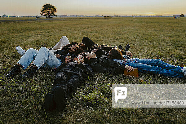 Junge männliche und weibliche Freunde liegen auf Gras im Park