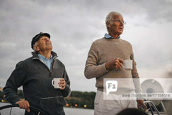 Male friends holding coffee cup while looking away against sky during sunset