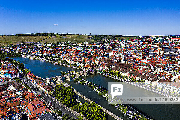 Germany  Bavaria  Lower Franconia  Wurzburg  Marienberg Fortress  Aerial view of city with river