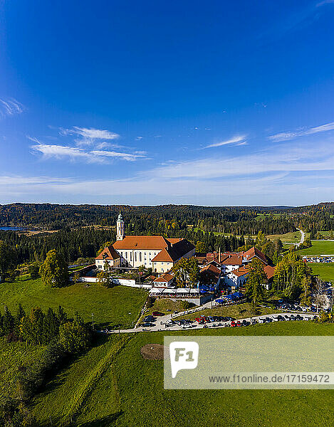 Germany  Bavaria  Sachsenkam  Aerial view of Reutberg monastery in summer