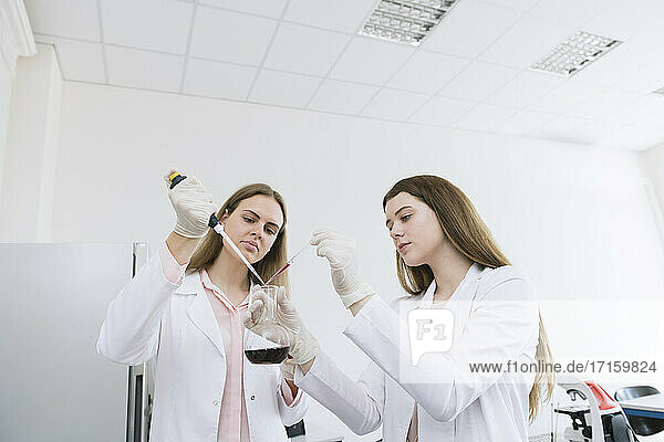 Wissenschaftler in weißen Kitteln beim Experimentieren im Labor