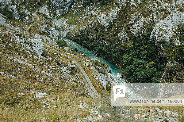 Cares trail by flowing river at Picos De Europe National Park  Asturias  Spain