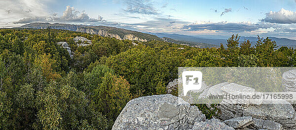 Griechenland  Epirus  Zagori  Pindos-Gebirge  Vikos-Nationalpark  Aussicht auf Berge  Wald und Felsen