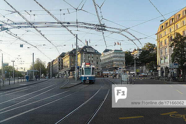 Tram station by Niederdorf in old town at Zurich  Switzerland