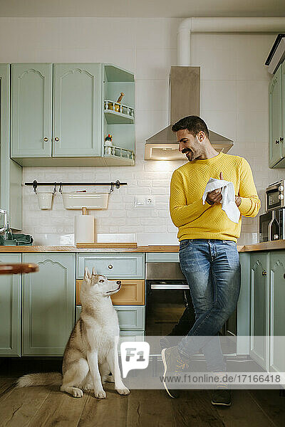 Mid adult man drying hands while looking at Siberian Husky dog in kitchen
