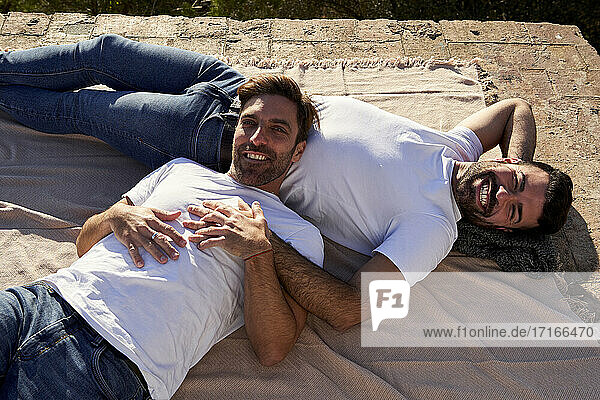 Lächelndes schwules Paar  das auf einer Decke liegend die Hände hält