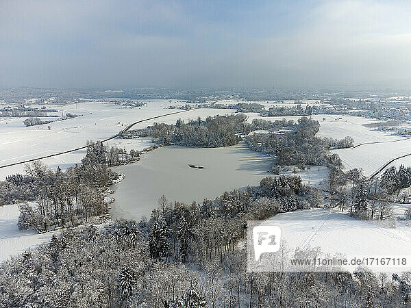 Aerial view of Bohringer See lake in winter