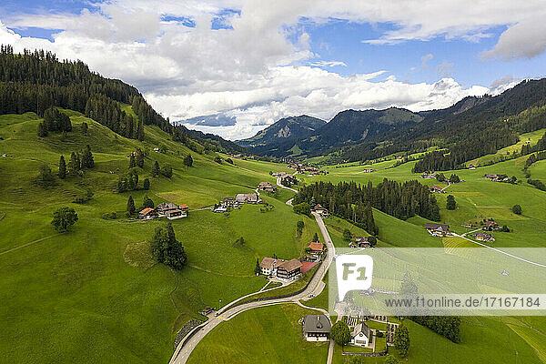 Switzerlan  Berner Oberland  Mountains and village in valley