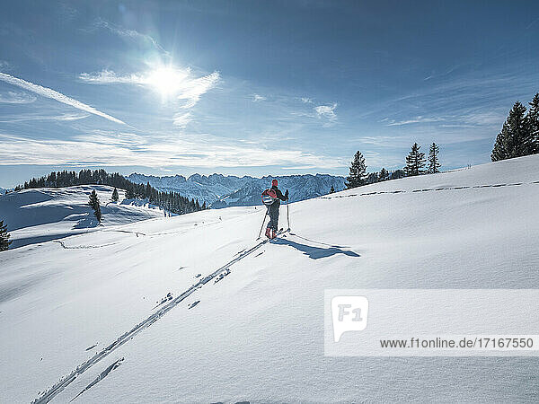 Man with ski pole exploring at Karkopf  Lattengeburge  Berchtesgadenerland; Germany