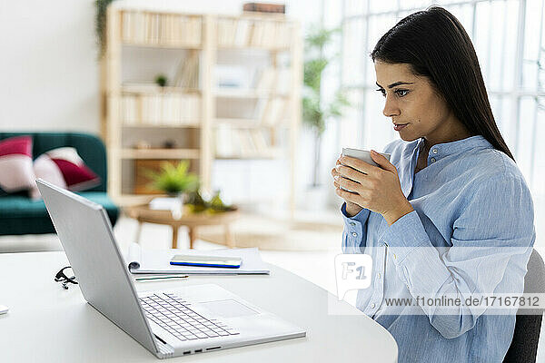 Unternehmerin trinkt Kaffee  während sie im Büro sitzt und einen Laptop benutzt