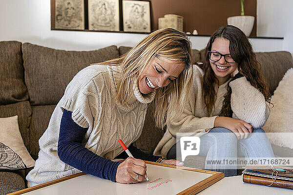 Lächelnder weiblicher Psychologe  der mit einer jungen Frau in einem Büro sitzt und an einer Tafel schreibt