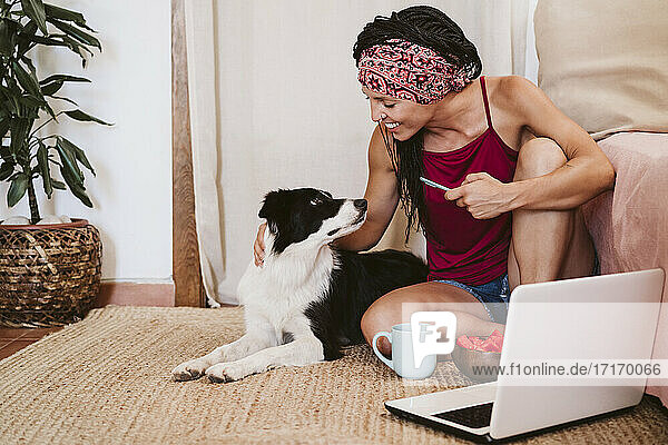 Lächelnde Frau mit Mobiltelefon  die einen Hund betrachtet  während sie zu Hause auf dem Teppich neben einem Laptop sitzt