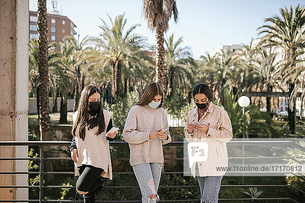 Freundinnen mit Gesichtsmasken benutzen Smartphones  während sie an einem Geländer im Park stehen