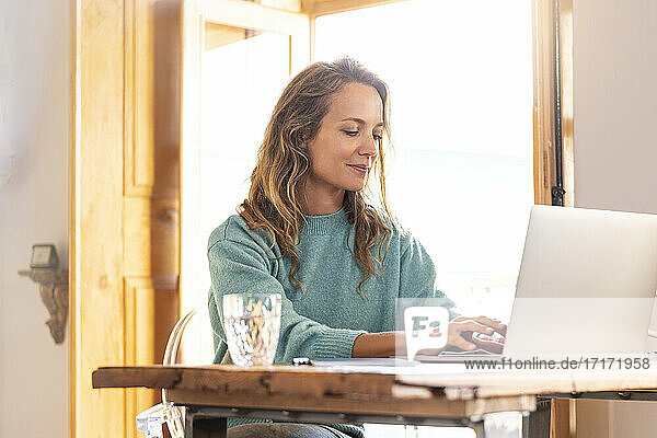 Smiling female freelancer working on laptop at home office