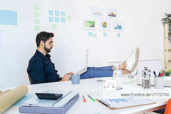 Male entrepreneur working on laptop with feet up at desk against wall in office