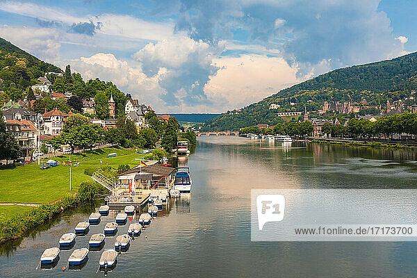 Germany  Baden-Wurttemberg  Heidelberg  Pedal boats moored in front of Neuenheim suburb houses with old town in background