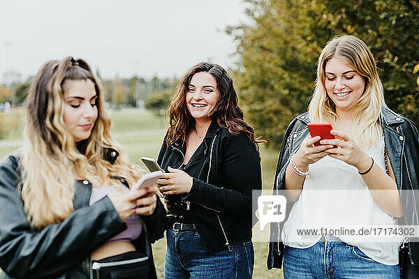 Drei junge Frauen benutzen ihre Telefone im Park