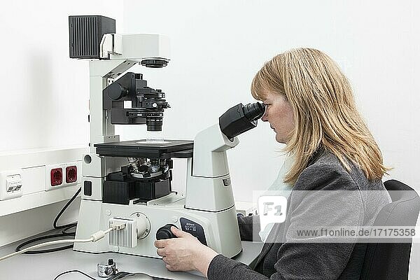 Wissenschaftlerin an einem inversen Mikroskop in der Fakultät Biologie an der Universität Duisburg-Essen