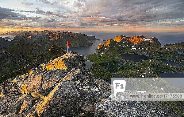 Hiker at the summit  evening mood  mountain landscape with Reinefjord and lake Krokvatnet  view from the summit of Hermannsdalstinden  Moskenesöy  Lofoten  Nordland  Norway  Europe
