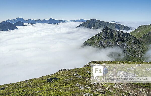 Hiker looking over mountain landscape in clouds  view from summit of Stornappstinden  Lofoten  Nordland  Norway  Europe