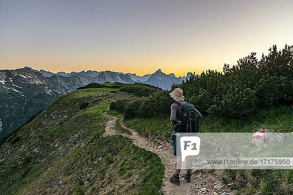 Hiker on hiking trail at Bärenkopf  sunset  view to mountain peaks Sonnjoch Kaserjochspitze and Dristenkopf  Achensee  Karwendel  Tyrol  Austria  Europe
